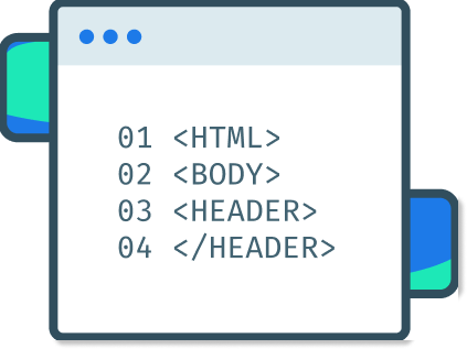 Illustration depicting a ficitonal computer UI that displays the text "HTML, Body, Header"